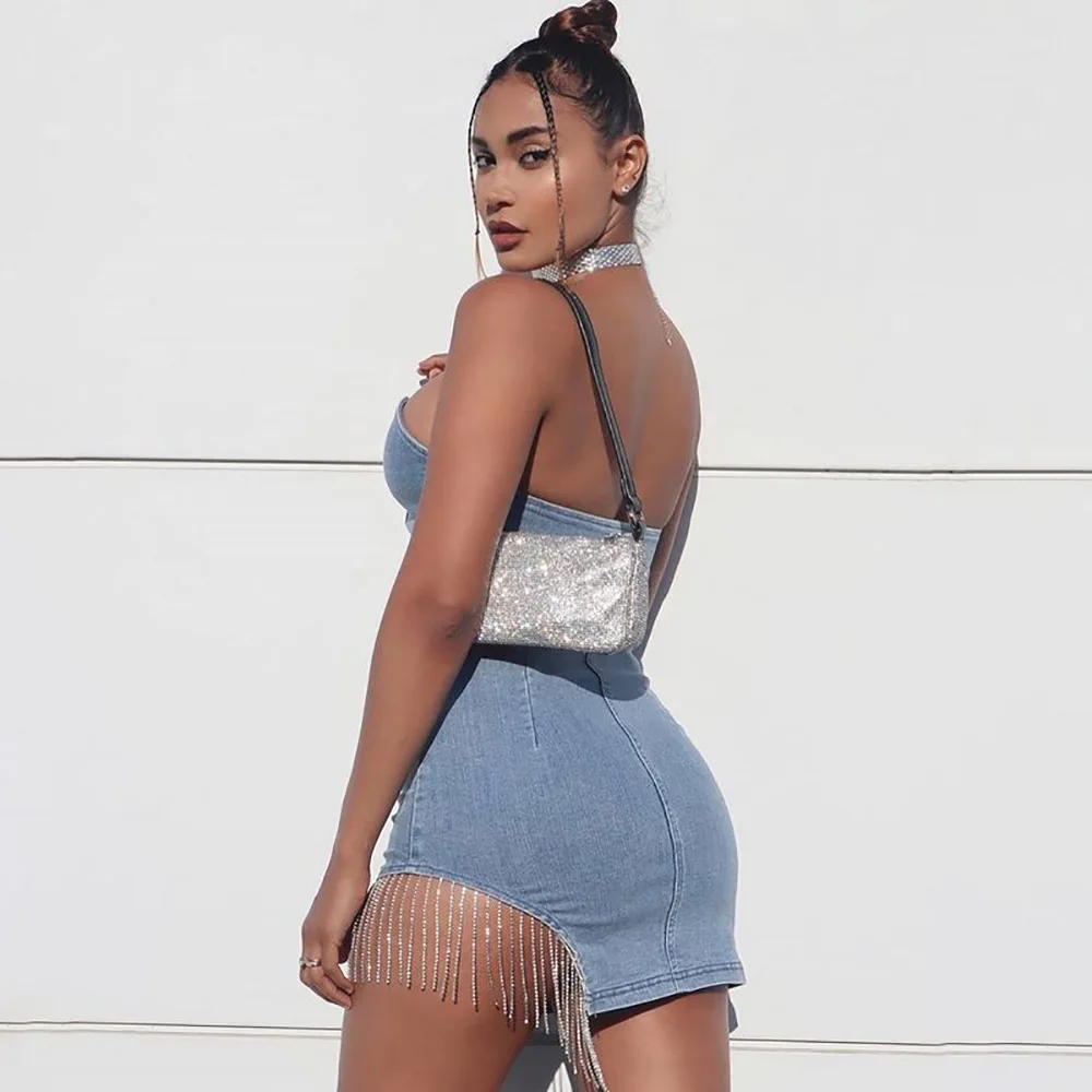 New Arrival Denim Rhinestone Tassel Zipper Wrapped Top And Skirts Summer Two Piece Outfits For Women 2 Piece Skirt Set