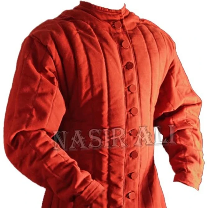 Thick Red Color Cotton Long A Shape Gambeson Padded Collar Armor Full Sleeves Medieval