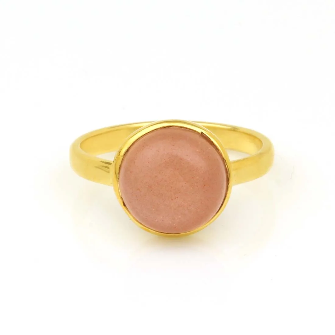 Best Selling New Design 10mm Natural Peach Moonstone Bezel 18k Gold Plated Sterling Silver Round Dainty Gemstone Ring For Women