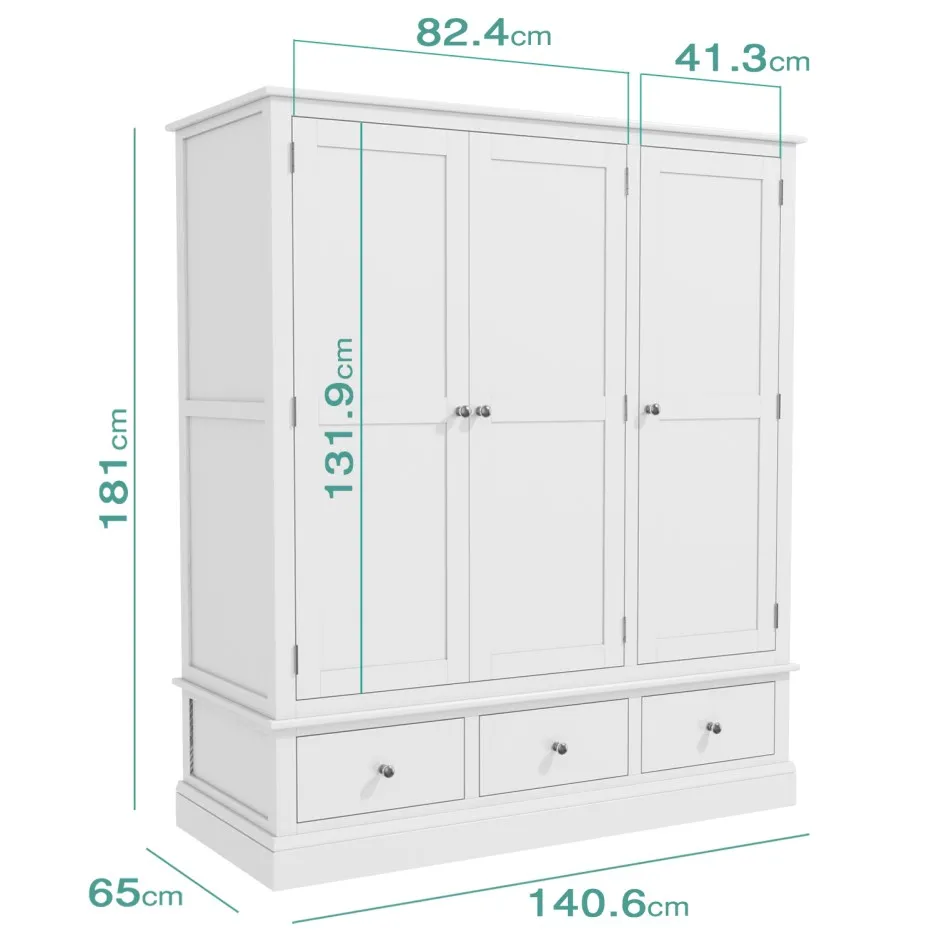 
Wardrobe 2 Doors 3 Drawers White Painted Solid Wooden Bedroom Furniture 