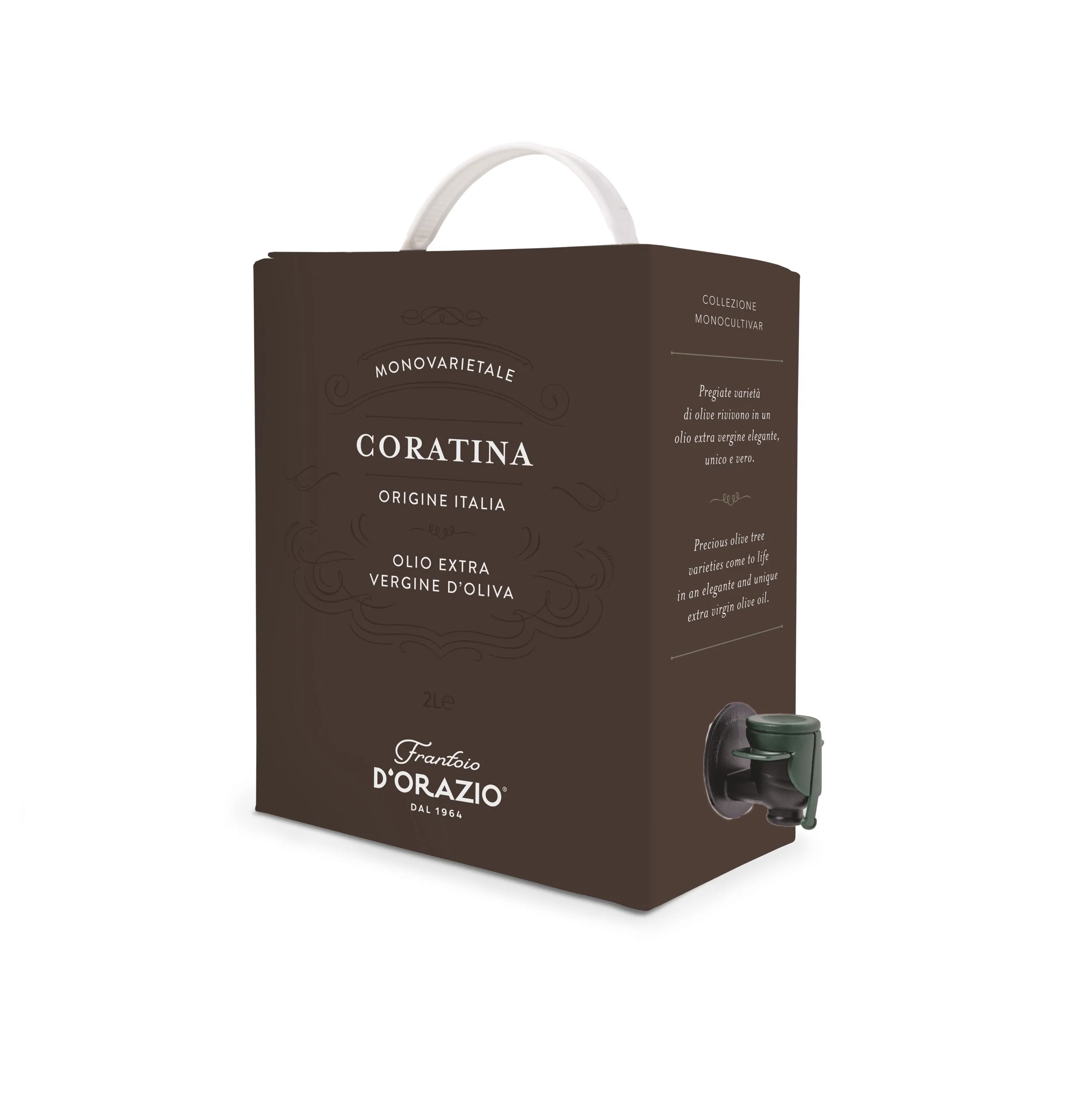 High quality extra virgin olive oil CORATINA 2 L bag in box monovarietal collection Made in Italy