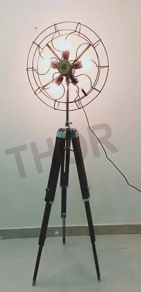 Nautical Spot Light Fan Floor Lamp Tripod Wooden Stand  Home Decorative Item