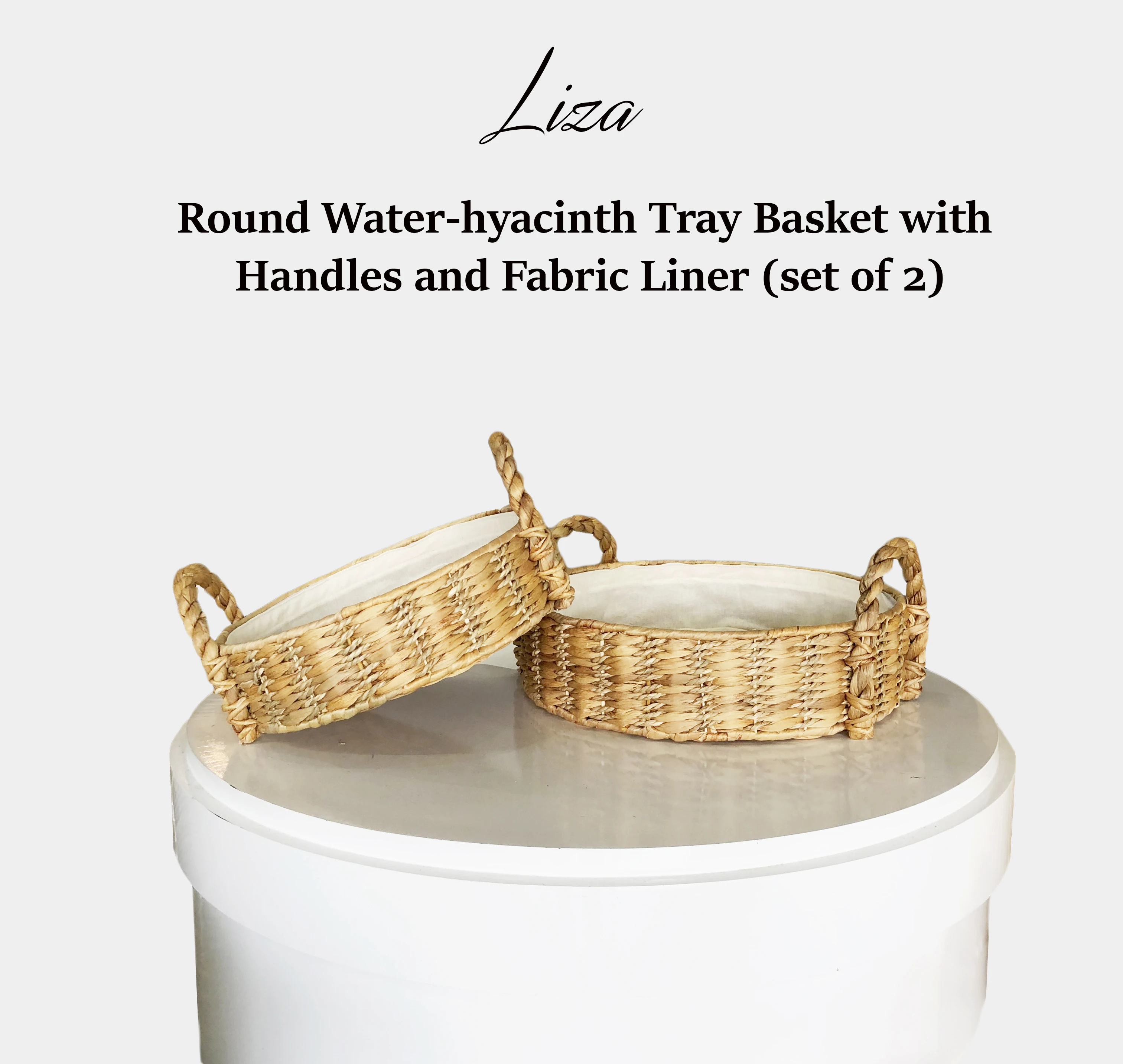 LIZA Round Water-hyacinth Tray Basket with Handles and Fabric Liner (set of 2)