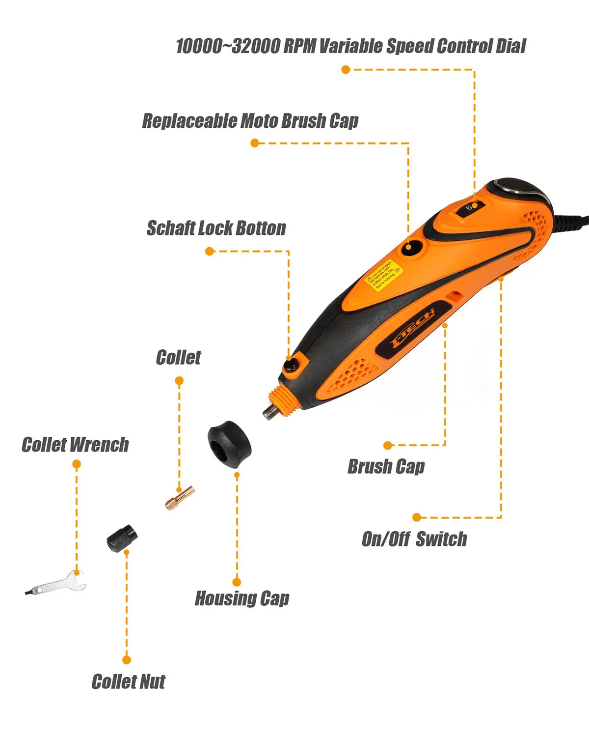Dremel 135W Orange Portable Mini Electric Grinder 6-Speed Flex Shaft Keyless Chuck Carving Rotary Tools