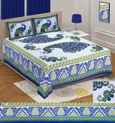 Attractive Peacock Printed Cotton Double Bed Sheet with 2 Pillow Covers High Classical Finishing Handmade Bed Sheet