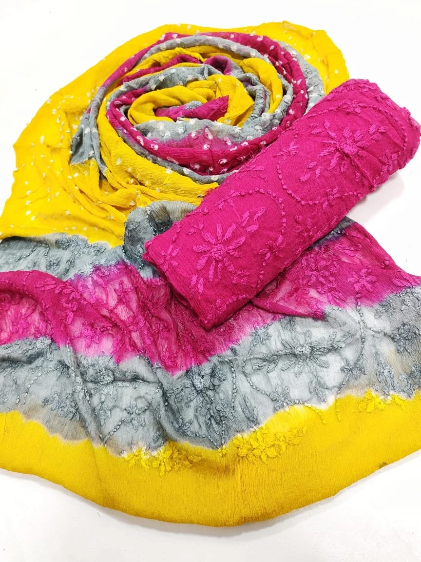 Pakistani Handmade Colour full Chunri Dupatta with Embroidered Kameez Unstitched 3 piece Suit in Premium Packaging