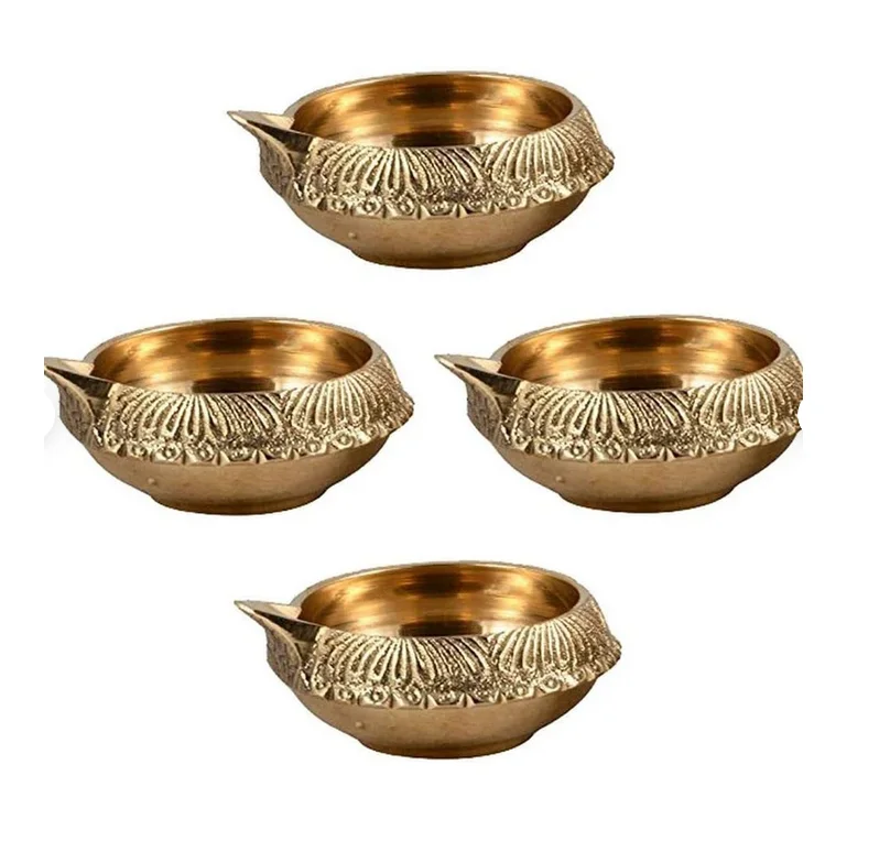Indian Puja Brass Oil Lamp Golden Diya Lamp Engraved Design Dia - 2.5 Inch for diwali house mandir traditional at best price