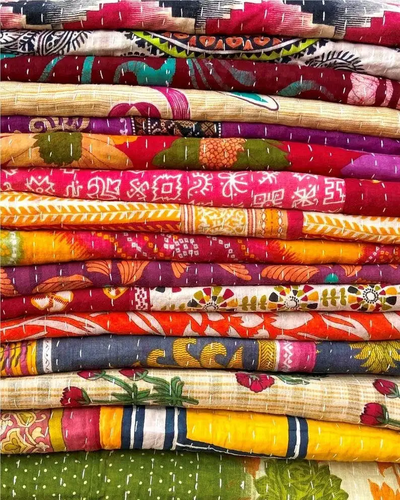 Indian Handmade Kantha Quilt Throw Twin Size Cotton Kantha Bedspread Throw Bedcover Multi Size Quilts