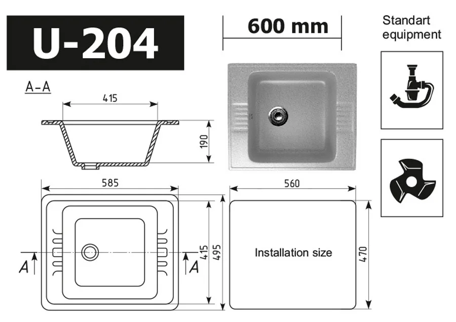 High quality kitchen sink ULGRAN U-204 artificial stone, composite kitchen sink