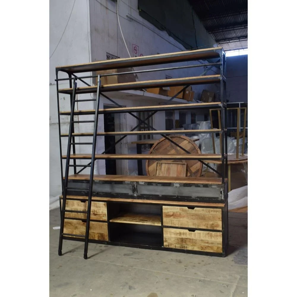 Industrial Antique American Tall Wide Iron Wooden Display Library School Collage Home Living Room BookShelf