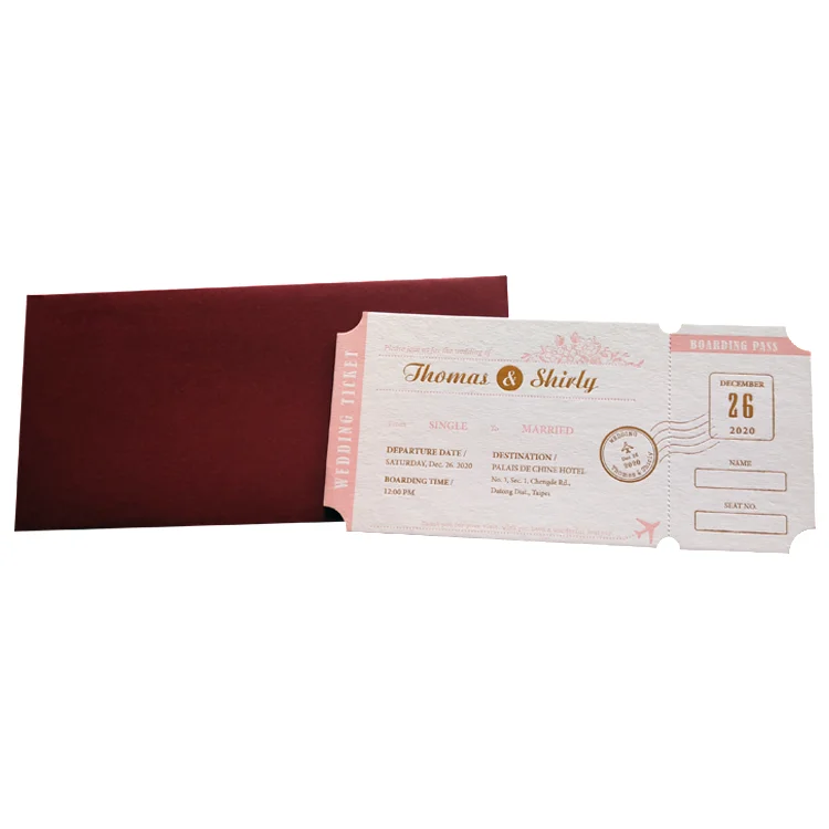 Customization High Quality Paper Sheet Pink Invitation Card Boarding Pass for Wedding Decoration Letter Decal Design Logo Print