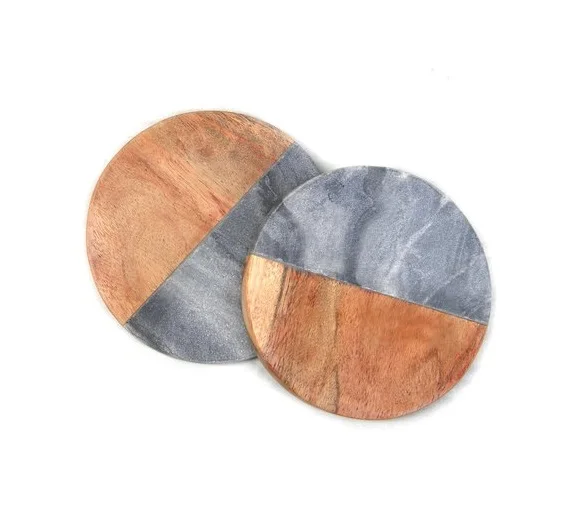 good Custom Round Wood and Marble Tea Coaster Manufacturer and Exporter Handmade Design White Marble and Acacia Wood Tea Coaster