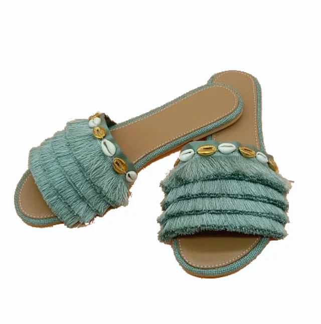 Fashionable Handmade Sky Blue Color Fringe Leather Sandals Women Flip Flop Footwear Female Party Wear Slippers