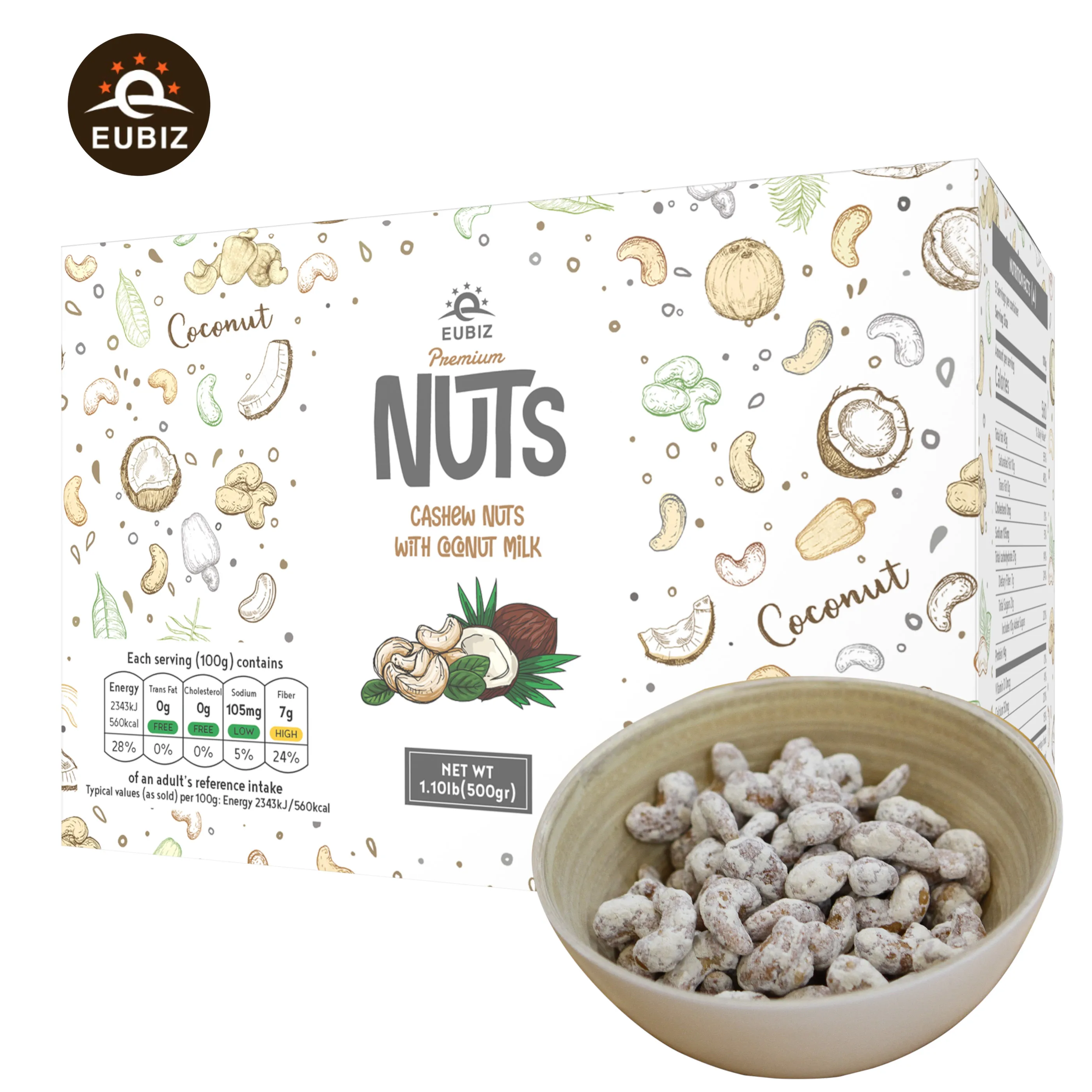 EUBIZ Cashew nuts Flavor Coconut milk No Testa Shell - Box (paper) 500g (17.7 OZ) - Cashew Nuts Health Benefits - in VietNam