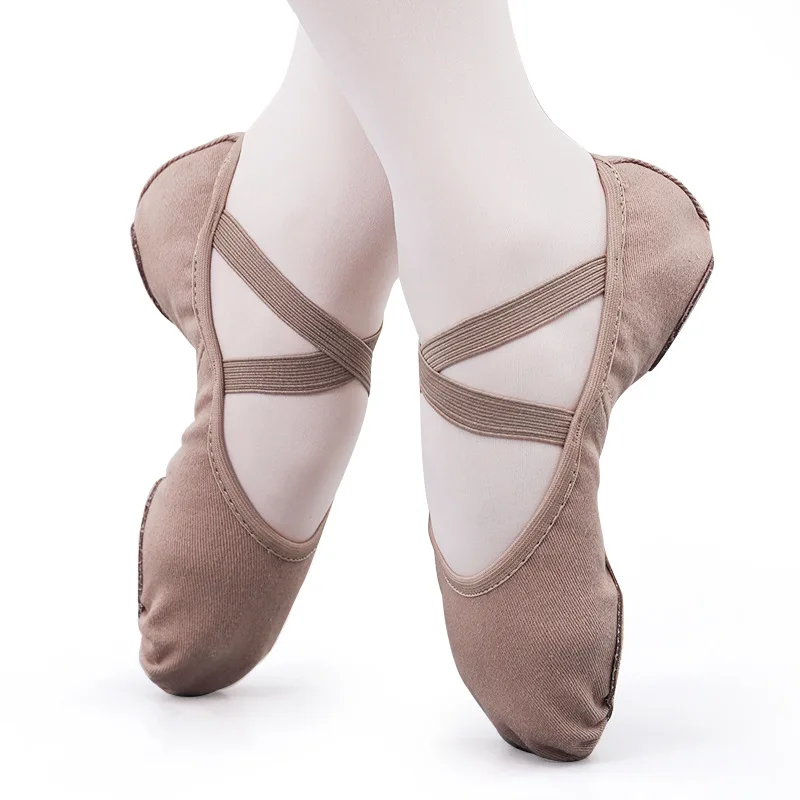 Stretch Elastic Ballet Shoes Split Sole Canvas Soft Cotton Ballet Foldable Children Girls Boys Pink & Tan Genuine Leather PK