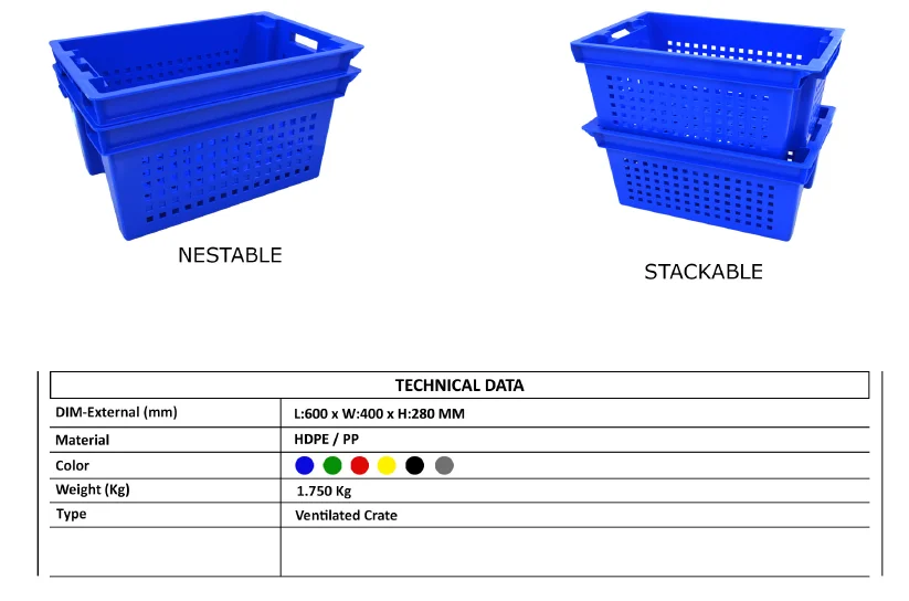 UP HDPE plastic boxes crate blue color 600 x 400 x320 mm stackable vegetable  iso 9001:2015 industrial food grade product