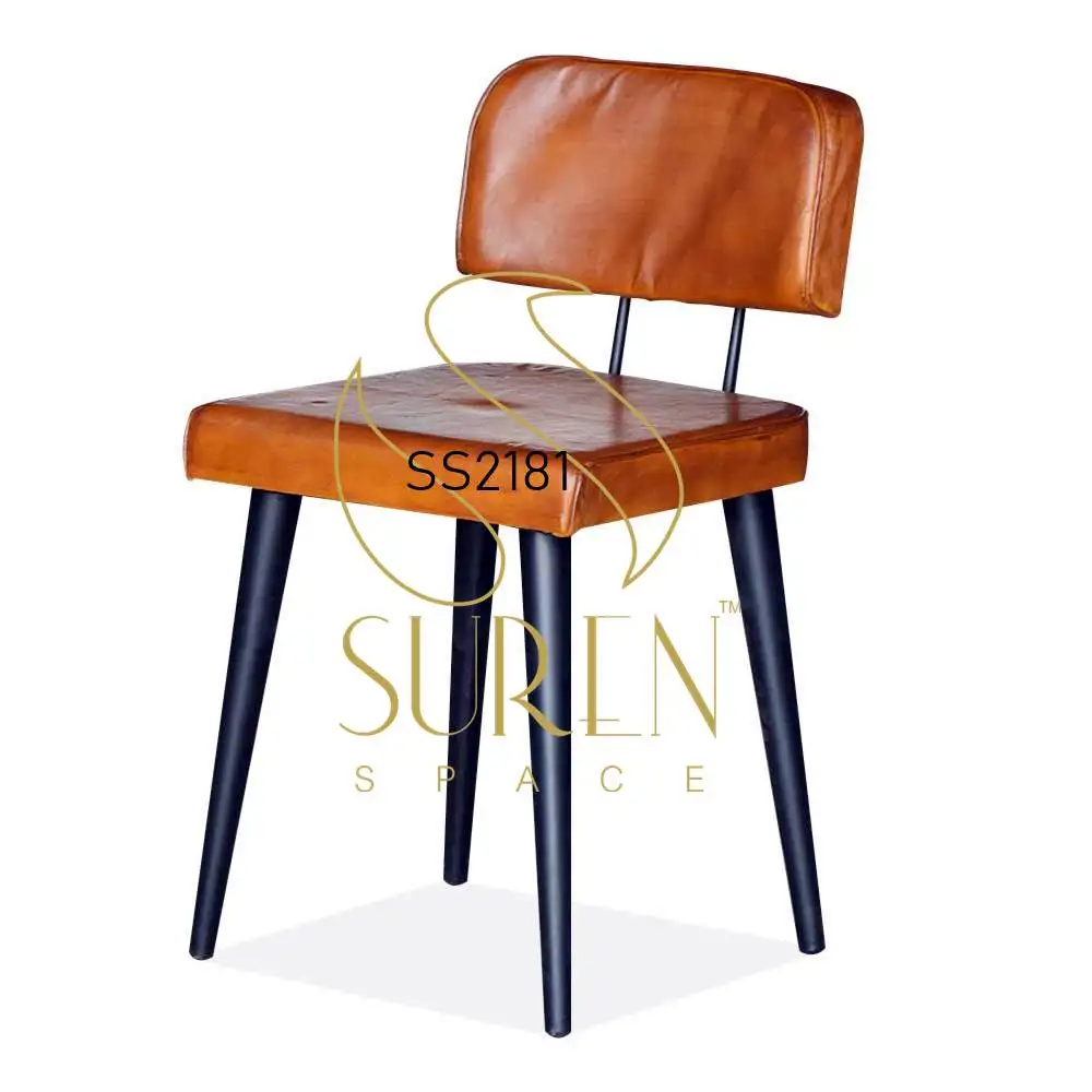 industrial brown leather dining chair Genuine Leather Metal Restaurant Chair