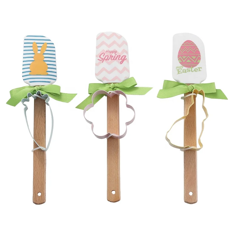 
Unique design in stock 2pcs silicone baking set easter spatula and cookie cutter set with ribbon bunny flower carrot 