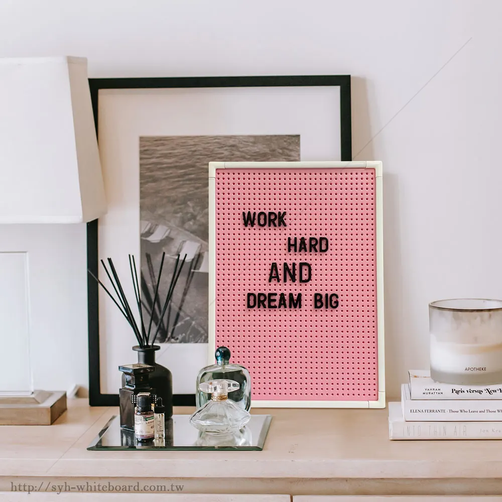Pink message letter peg board with white aluminum frame Non-toxic