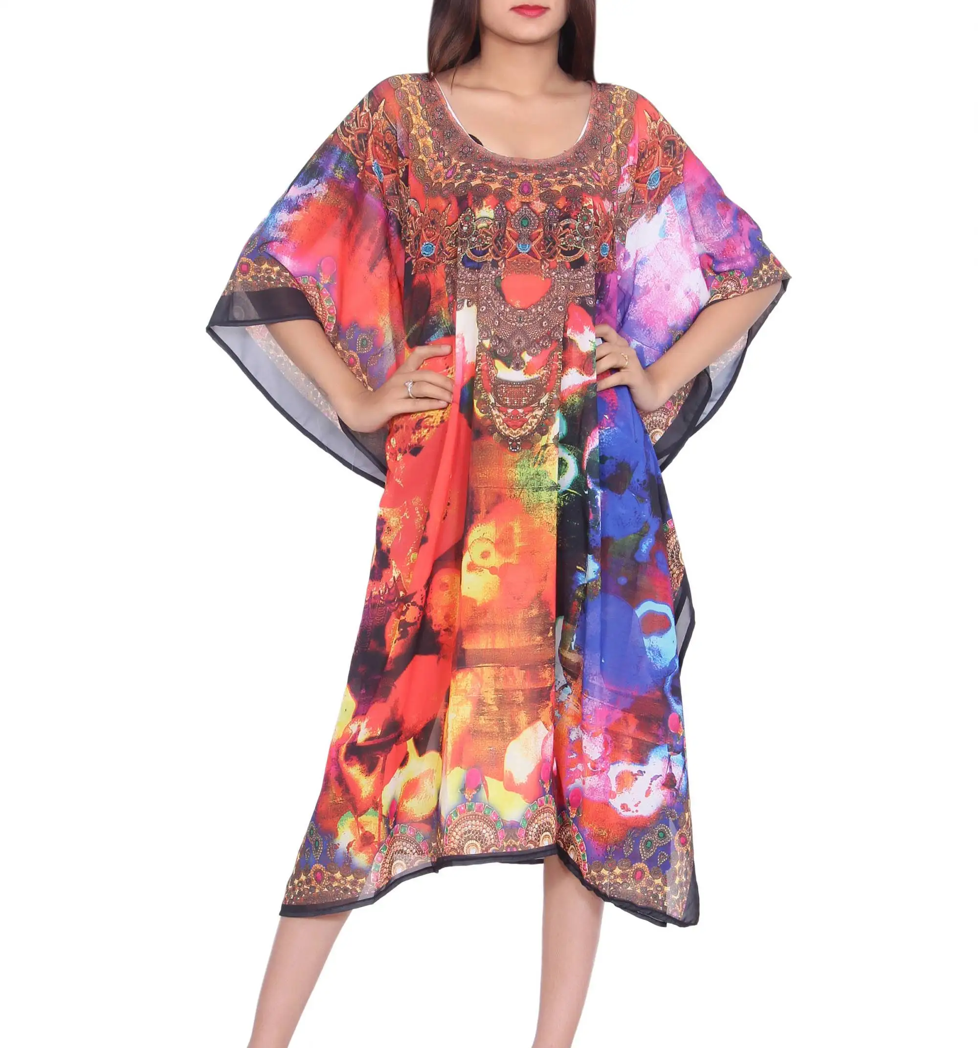 bohemian collection digital printed kaftan v-neck design viscose fabric loose fitting comfortable womens clothing