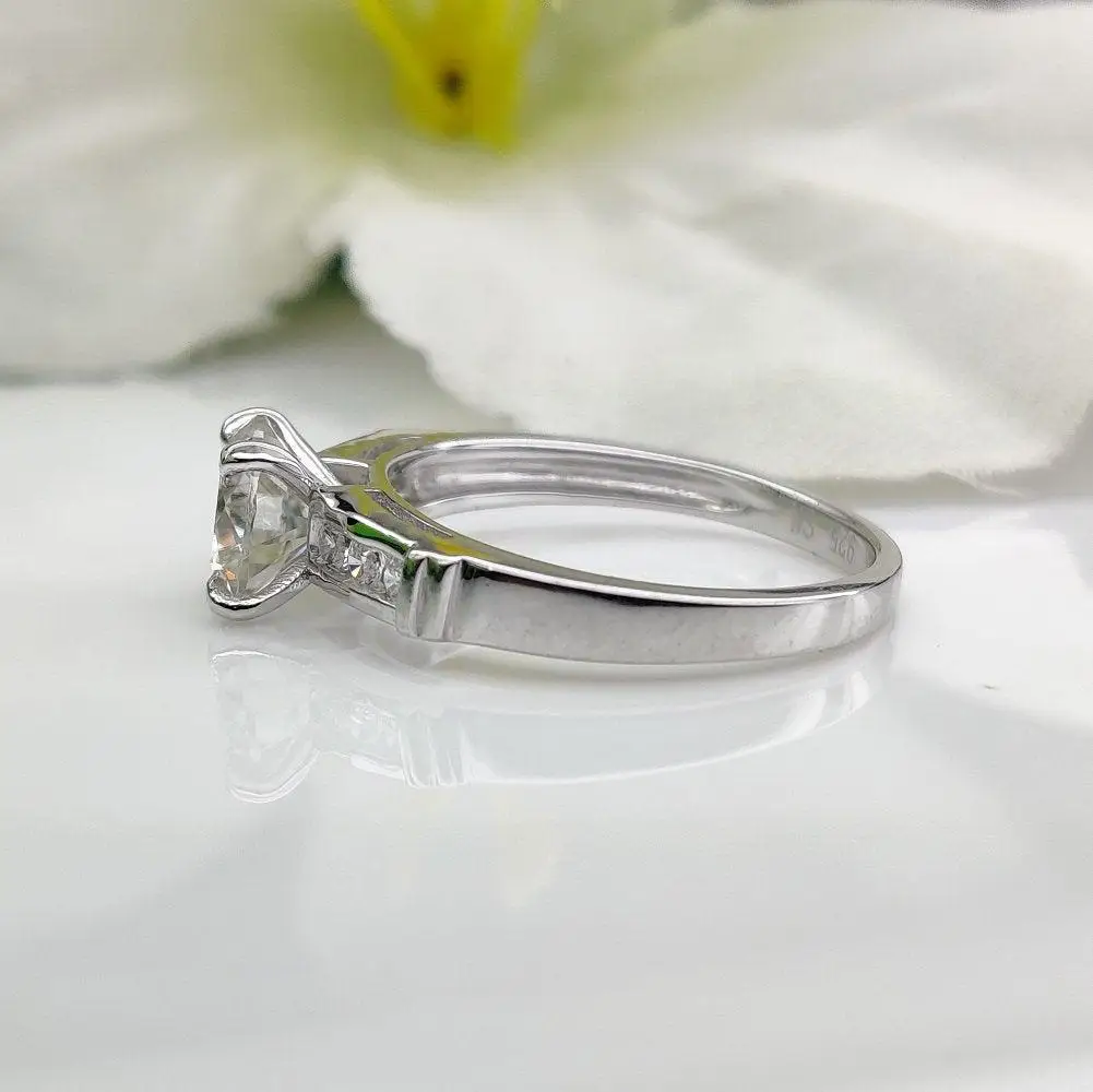 100% Genuine Round Brilliant Cut DEF Moissanite Diamond Solitaire With Accents Engagement Ring in 14k Solid White Gold By Ritzin