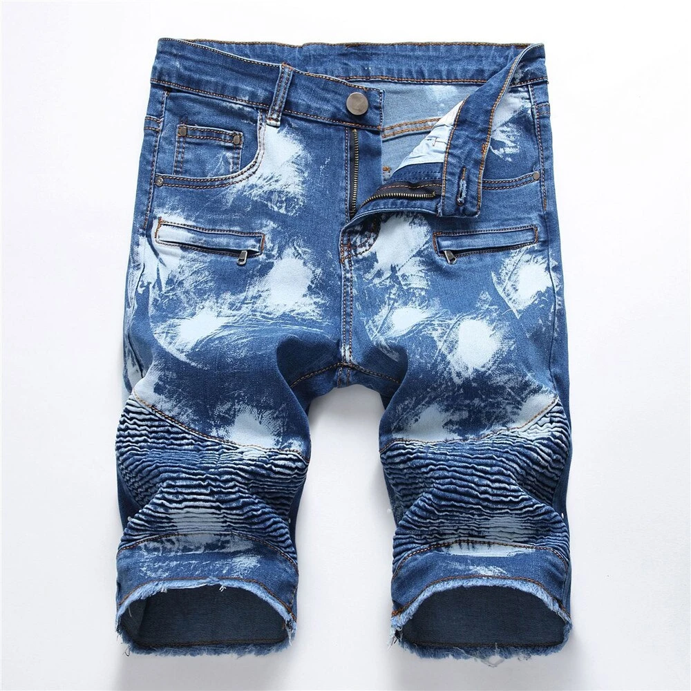 
High Street Style Men Distressed Zipper Casual Jeans Shorts Pants Summer Men Blue Denim Shorts Pleated Stretch Short Jeans 