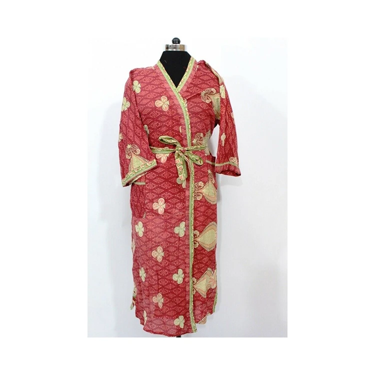 Women Pure Silk Sari Printed Kimono Summer Wear Long Maxi Dress Beach Cover Up Shrug Gypsy Kimono Robe Handmade Women Kimono