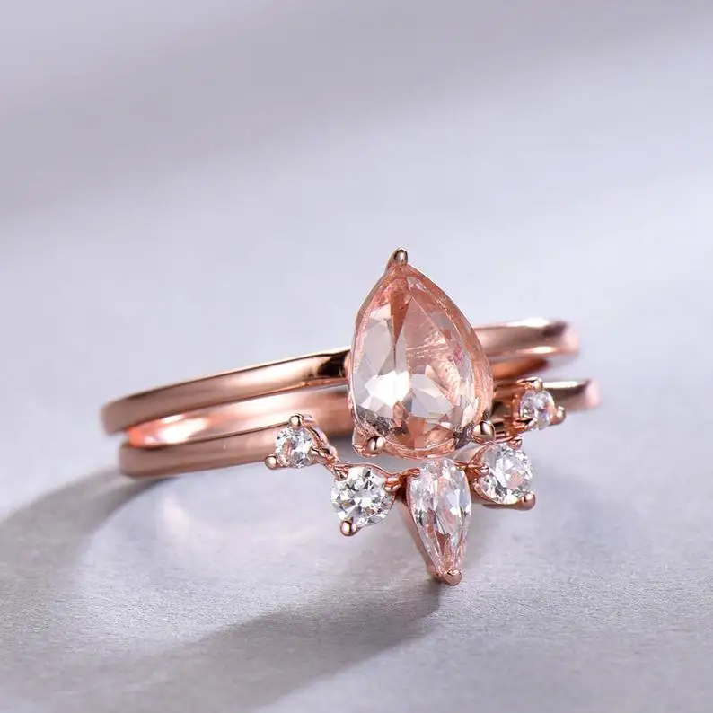 Morganite Bridal Set Oval Solitaire Engagement Ring Crown Wedding Band Plain Rose Gold Sterling Silver Hand Made Jewelry