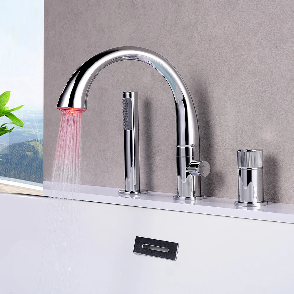 Modern Single Lever LED Deck Mount Brass Bathroom Bath Mixer Tap Standing Bathtub Faucet Set