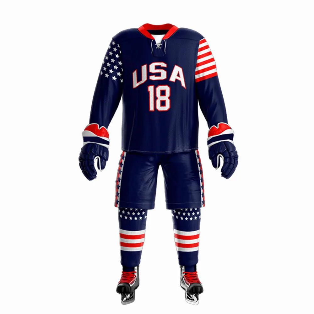 Высококачественная Мужская индивидуальная униформа для хоккея с шайбой комплекты из полиэстера синего цвета изготовленные использованием защитной одежды
