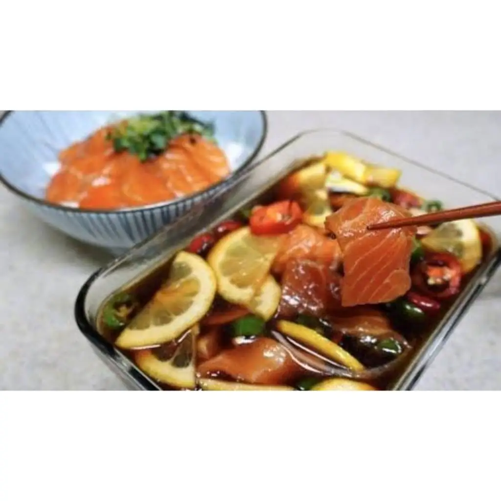 Frozen Soy Sauce Marinated Salmon Sashimi Korean style Salmon Fish Slice with Soy Sauce Ready to eat Product