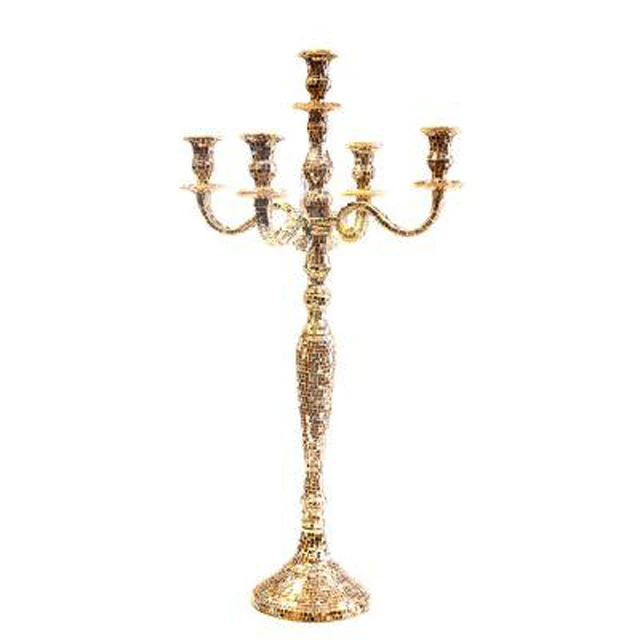 Shiny Golde & Silver Mosaic Candelabra Five Arms Candle Holder Tall Size Centerpiece For Tabletop Decorations Wedding & Home