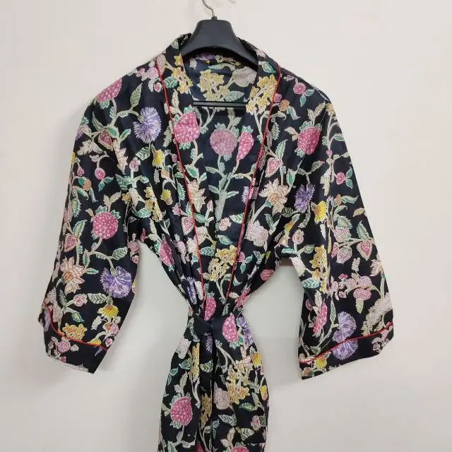 Black Floral Printed Cotton Kimono Sexy Bathrobe Indian Cotton Long Night Suit Summer Wear poncho Maxi Dress