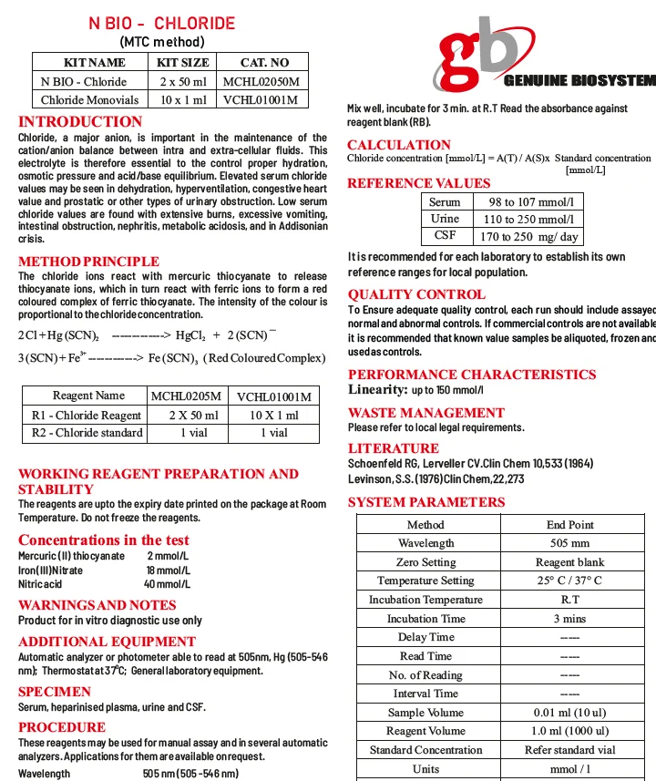 High Accuracy Chloride Clinical Chemistry Reagent Test Kit - 2 x 50 ml Test Kit Set to Determine Chloride in Human Serum