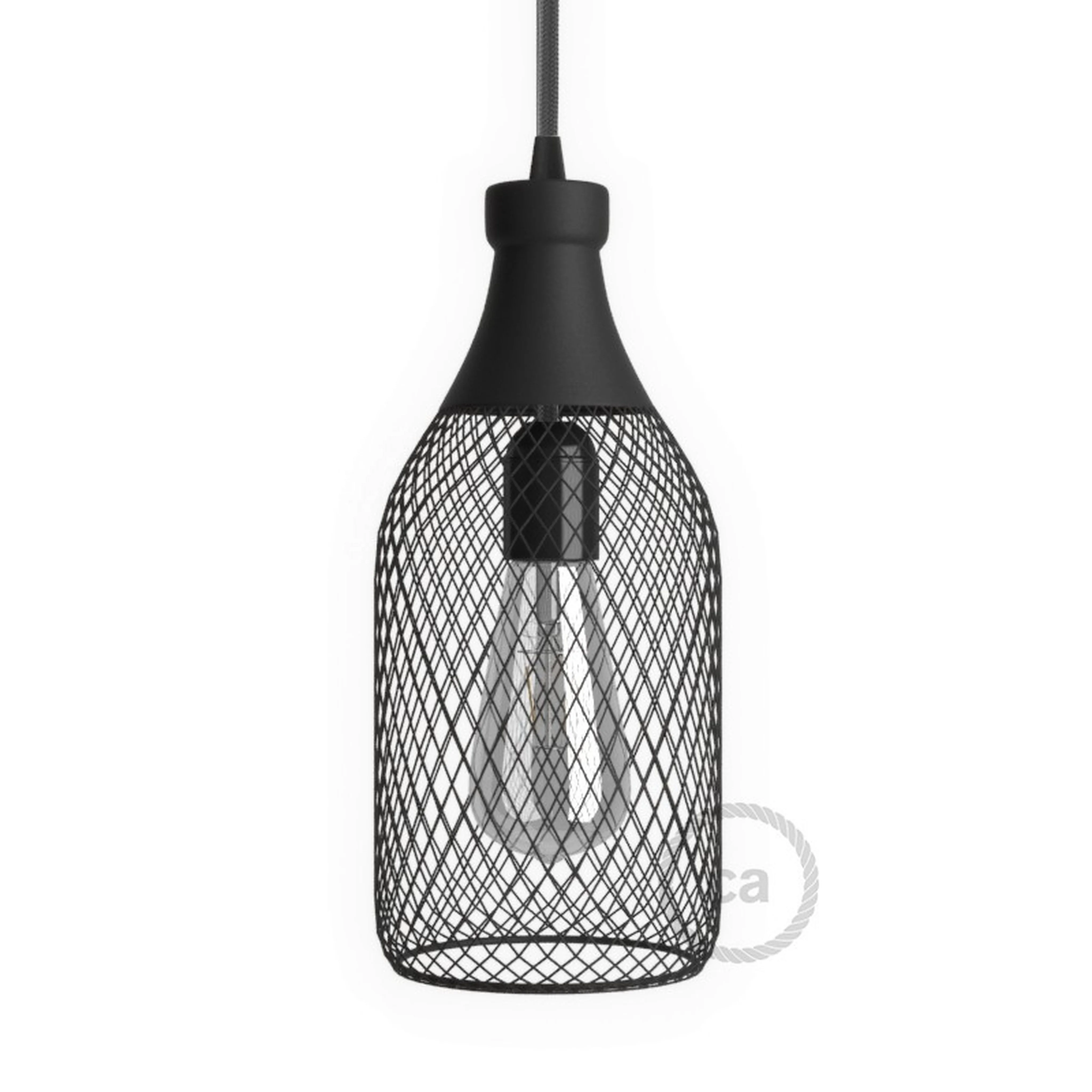 Bottle shaped naked light bulb cage