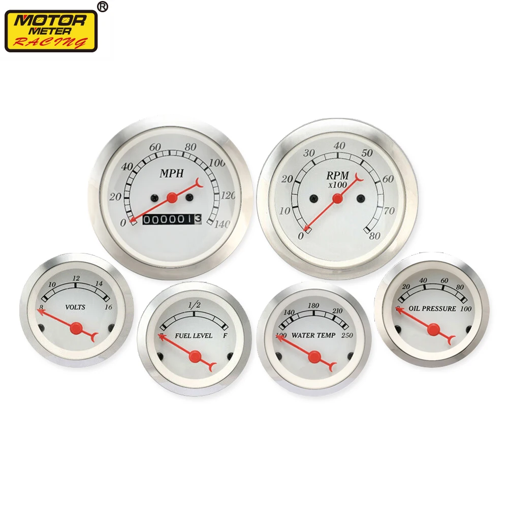 52mm White Face Red Fuel Level Oil Pressure Volt Water Temperature Gauge 85mm RPM Gauge Speedometer MPH F PSI For Car