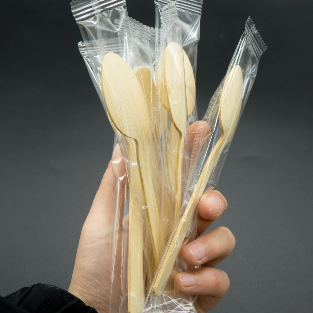 Wholesale individual pack natural bamboo spoon environmental bamboo disposable cutlery tableware biodegradable