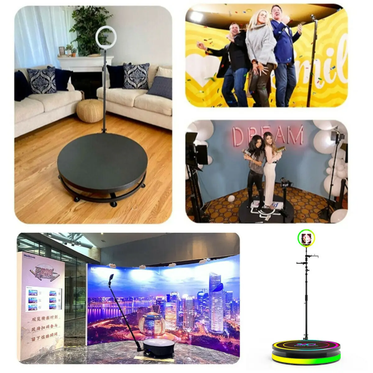 DKELSEN 360 Photo Booth Machine Automatic Slow Motion Rotating Adjustable Camera Stand 3D Selfie Platform with Ring Light