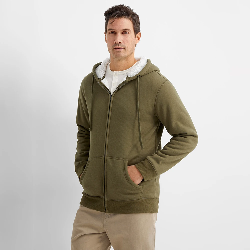 Wholesale High Quality Winter Custom Sherpa Lined Heavyweight Hoodie Full Zip Up Men Plain Custom Logo Inside Fur Hoodies