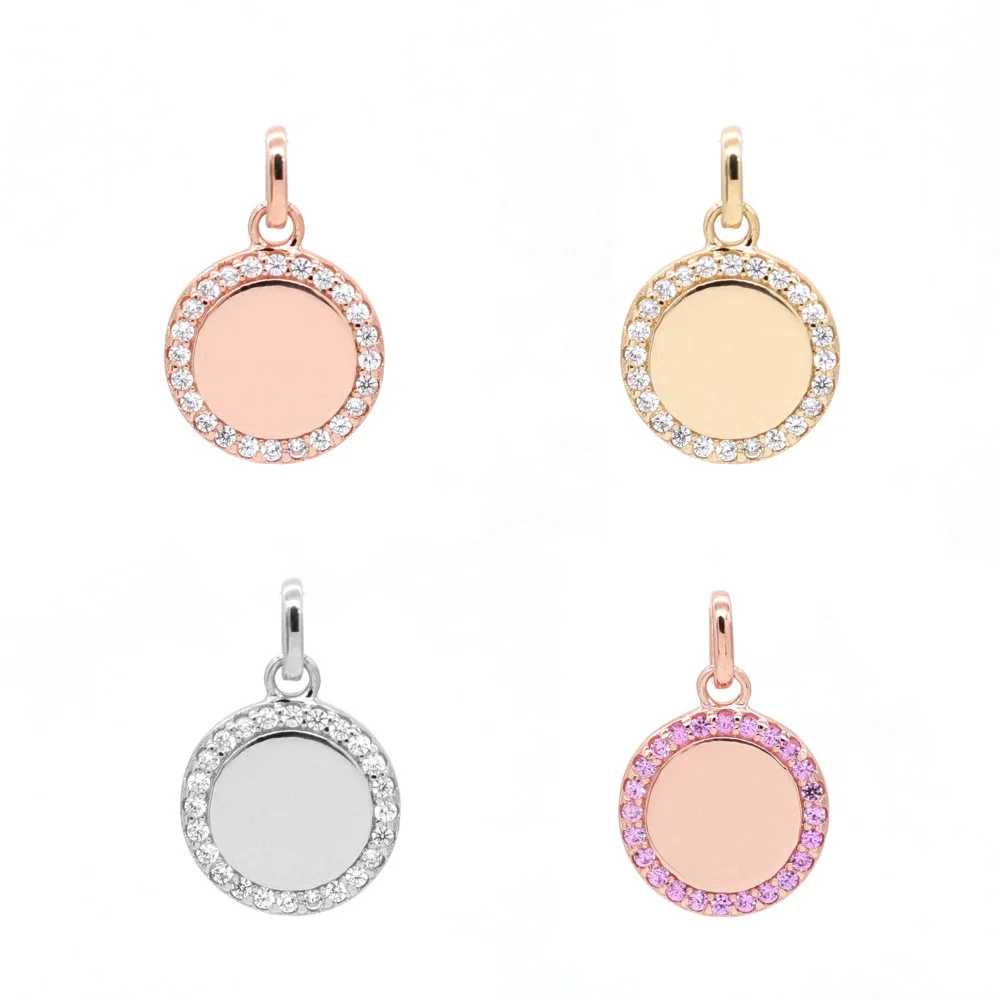 925 Sterling Silver Tiny Round Disc Crystal CZ Fashion Charm Pendant