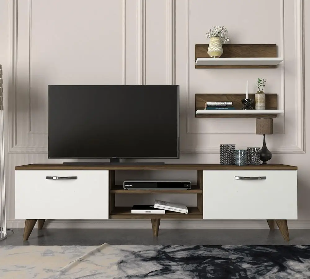 Ayden Simple Wood Tv Stand Modern Furniture White Walnut with Wallshelf