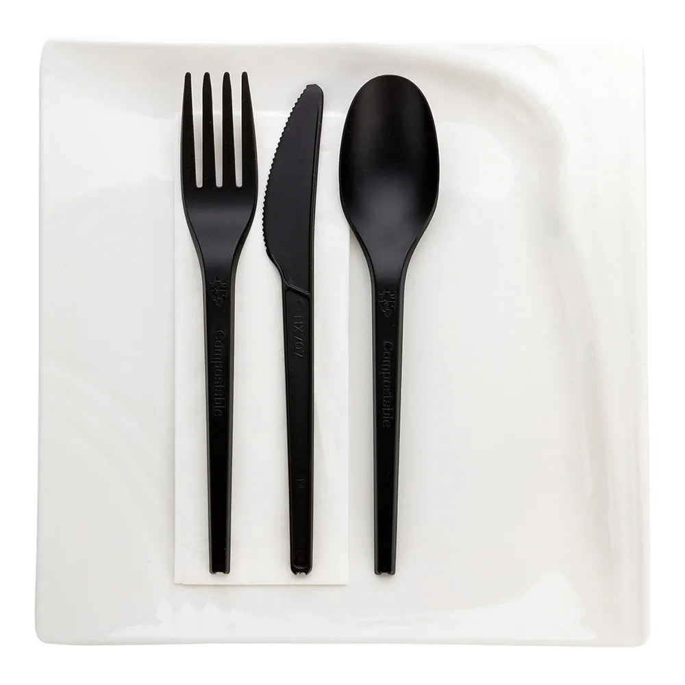 
Basic Nature Black CPLA Plastic Cutlery Set - White Napkin, Heat-Resistant, Compostable - 8 3/4