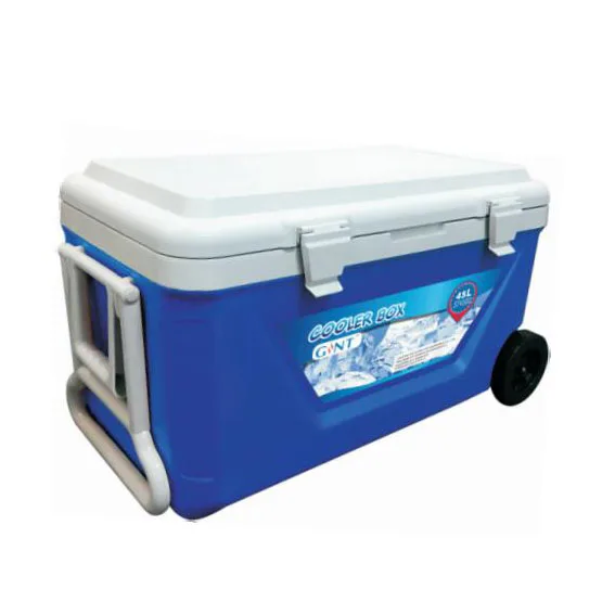  Plastic hiking outdoor modern portable camping plastic juice cooler box with wheels pulling picnic food cans ice