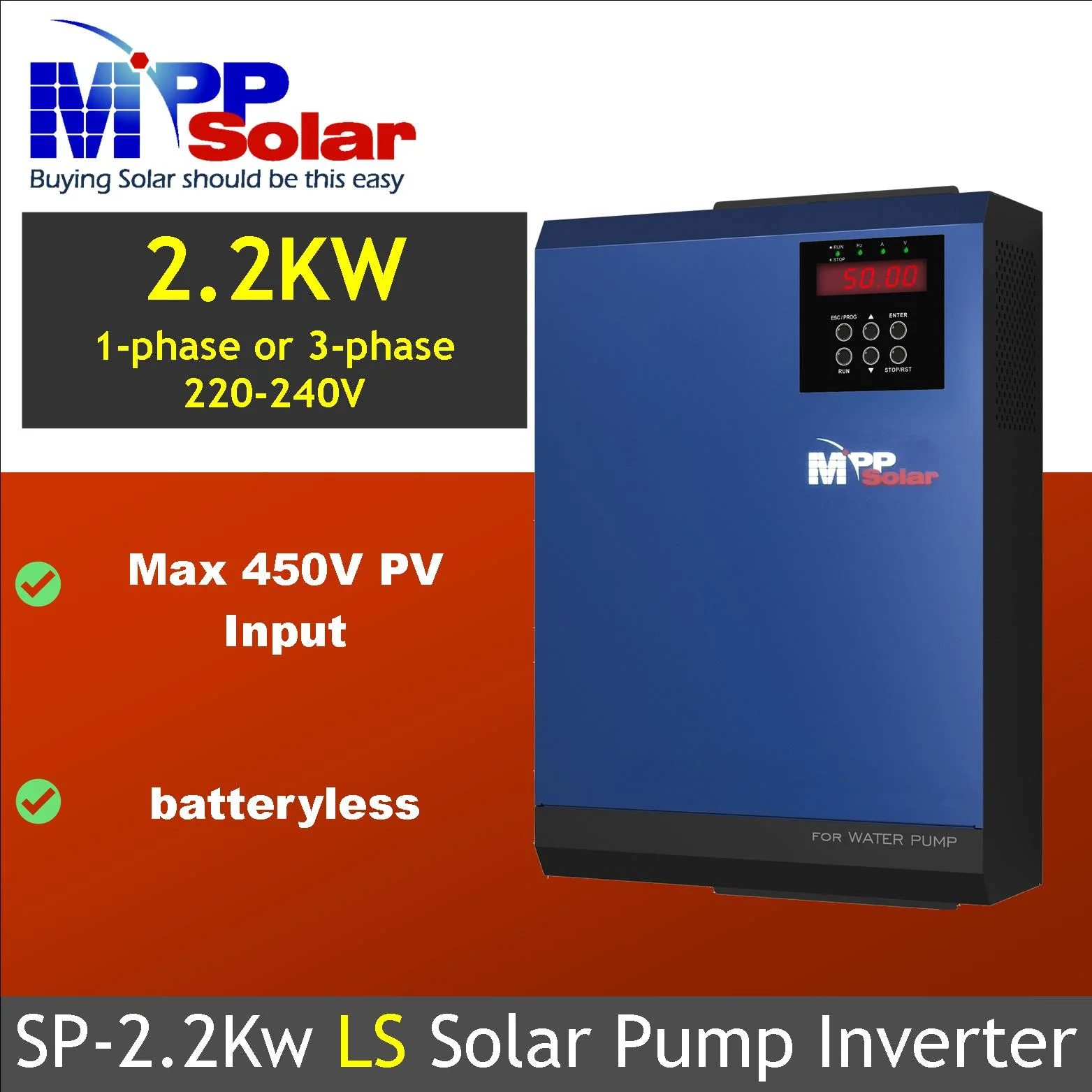 SP2.2kw LS 2200W 3 phase 220v 230V 240V mppsolar pump inverter max solar power 3500W PV input 450V,  Single phase