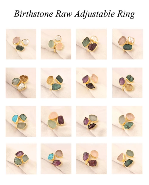 Handmade jewelry real raw aquamarine rose quartz & emerald ring texture finish gold plated three birthstone adjustable ring gift