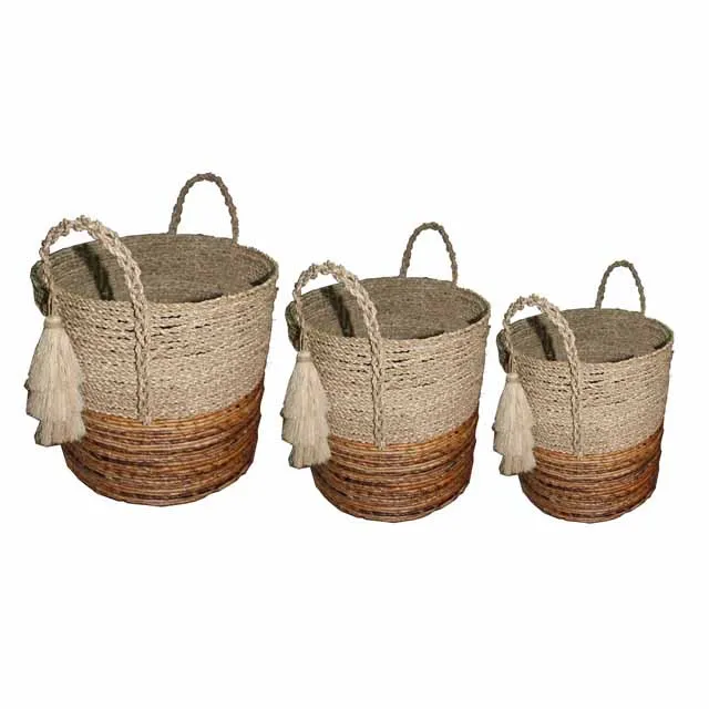  Плетеная круглая корзина из банановых морских водорослей с плетеными ручками