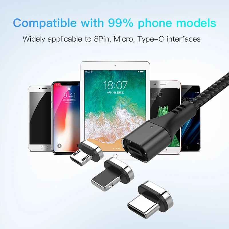1M 2M 3M Led Light Usb Cable 3 In 1 V8 3A 5V Fast Micro Type C Magnet Charger Magnetic Charging Usb Data Cable For Iphone