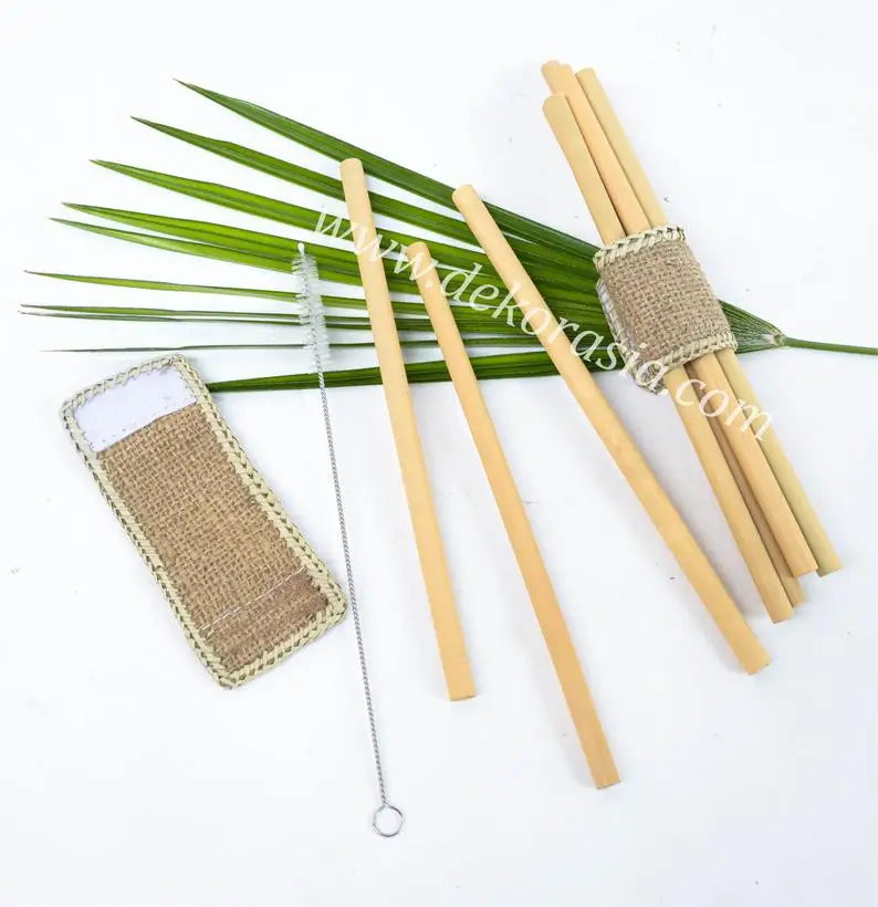 Bamboo Straw Set with Pandanus Napkin Ring with 10 of bamboo Straws and 1 Stainless Brush and 1 Woven Bamboo Napkin Ring