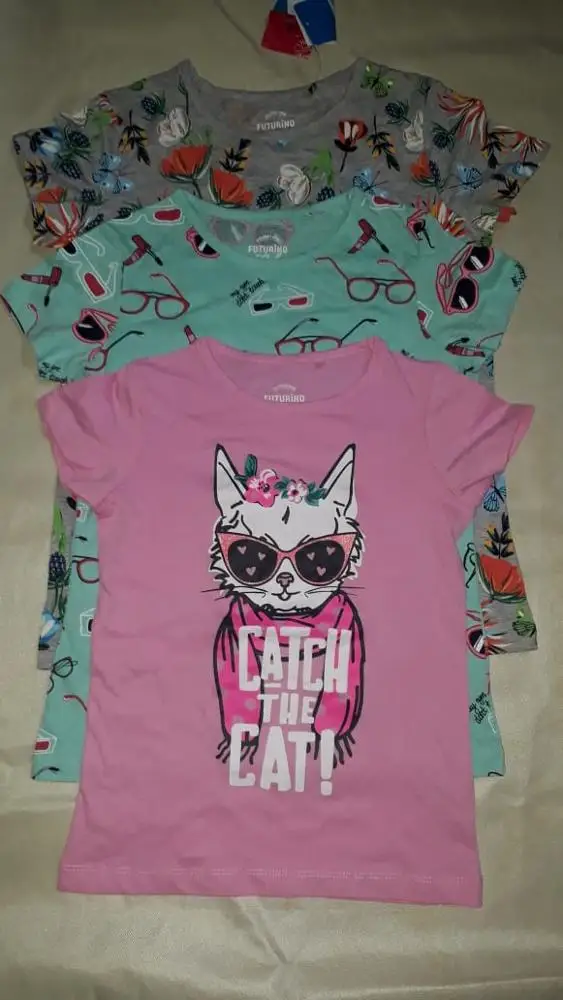 High End Brand Labels Apparels Girls Kids Casual Cotton Outfits Wear Crew Neck Short Sleeve T Shirts Bangladesh Stock Lot 1-14 Y
