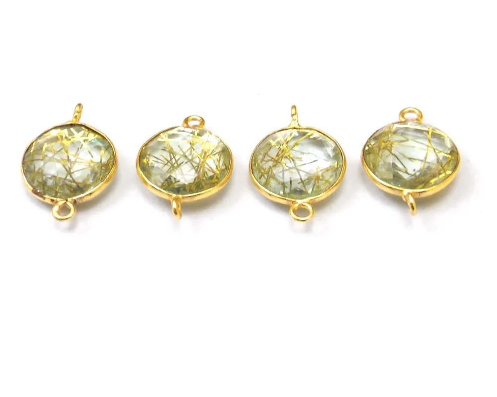 Golden Rutilated Gemstone With Gold Plated Round Shape Faceted Double Bail Vertical Loop Jewelry Making Bezel Connector